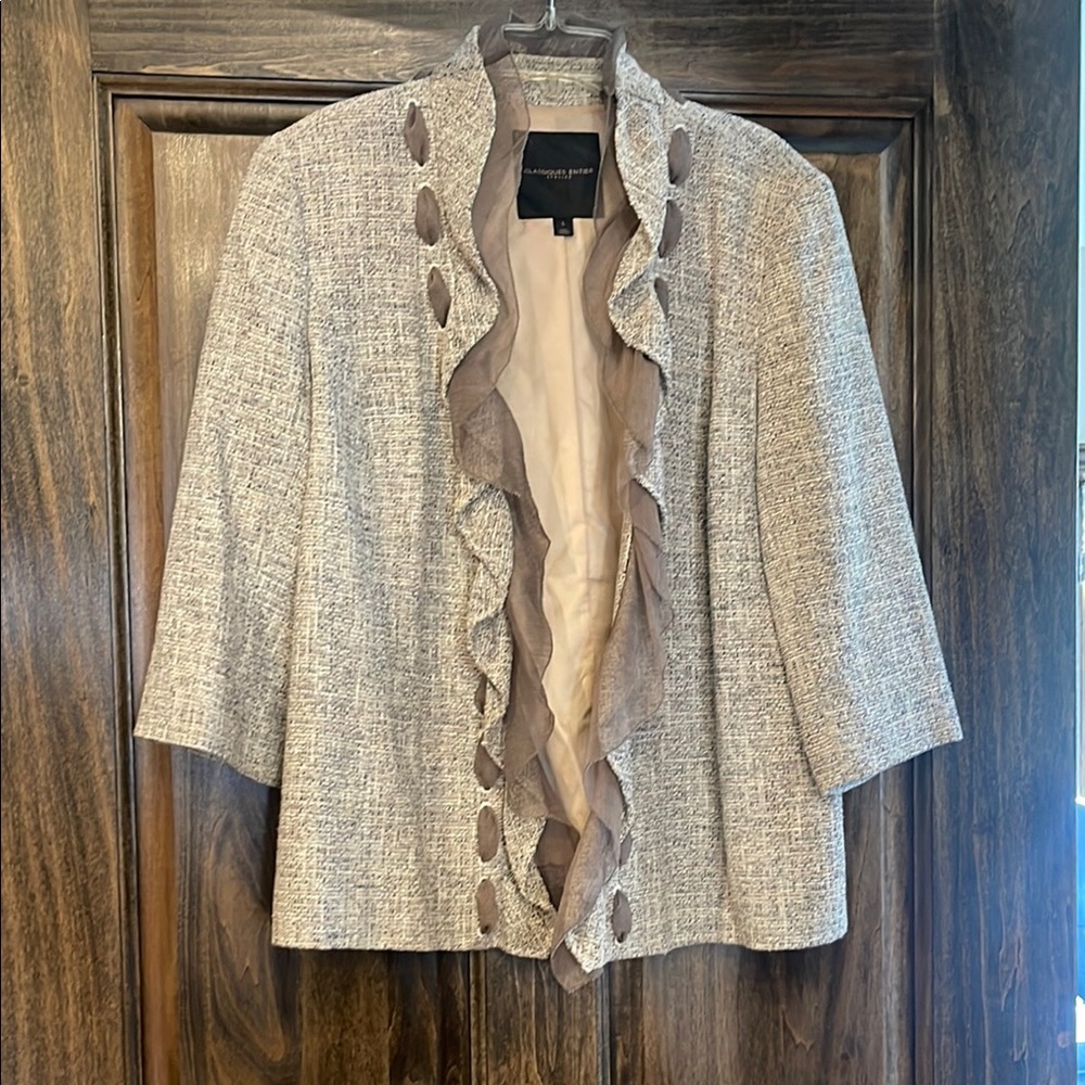Classiques Entiier Atelier Women's Taupe Tweed Jacket with Ruffle Trim
